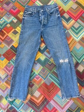 MOTHER the Tomcat. Straight Leg Jeans in Medium Blue with Knee Distress